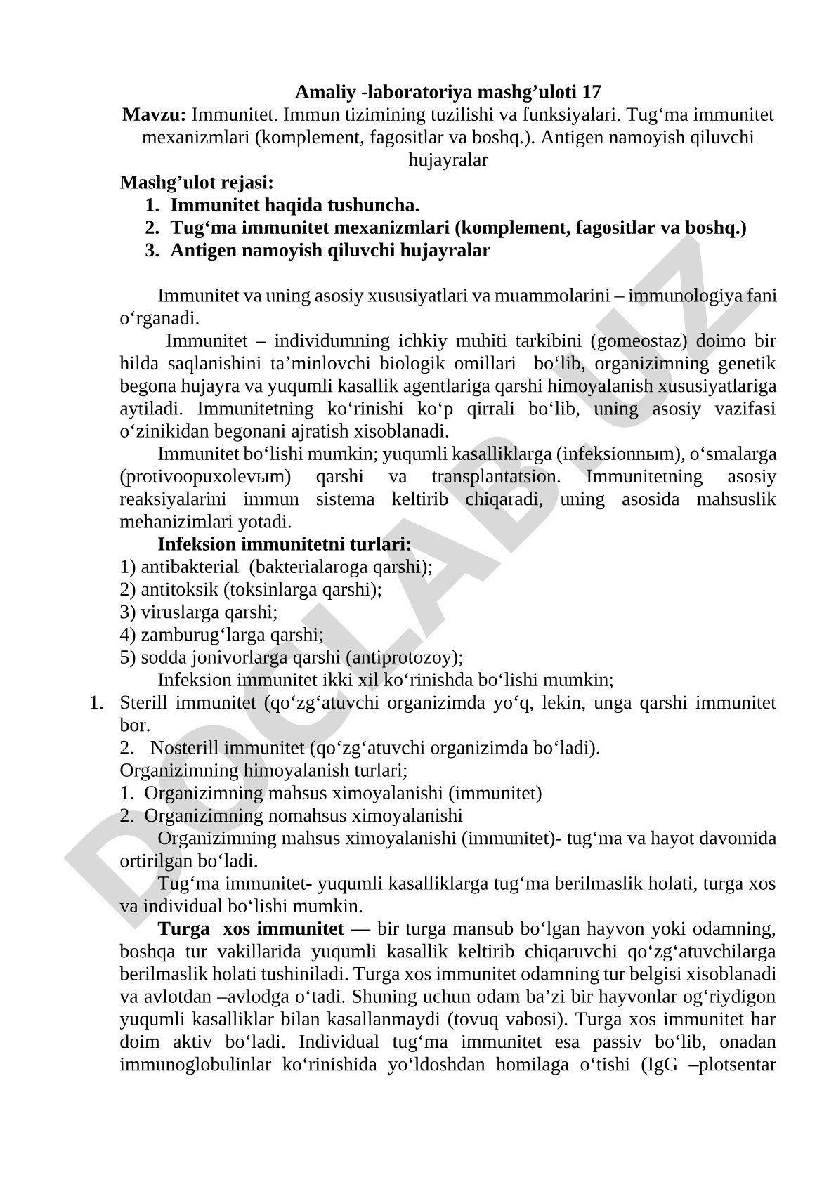 Immunitet. Immun tizimining tuzilishi va funksiyalari. Tug'ma immunitet mexanizmlari