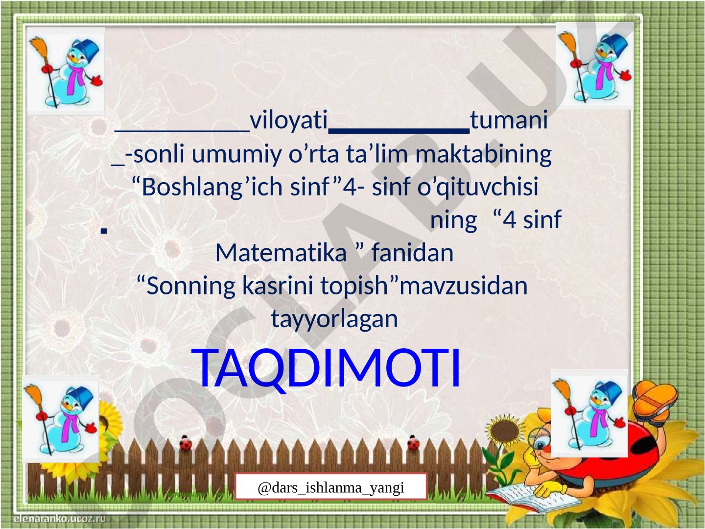 4-sinf matematika dars ishlanmasi: sonning kasrini topish mavzusida taqdimot