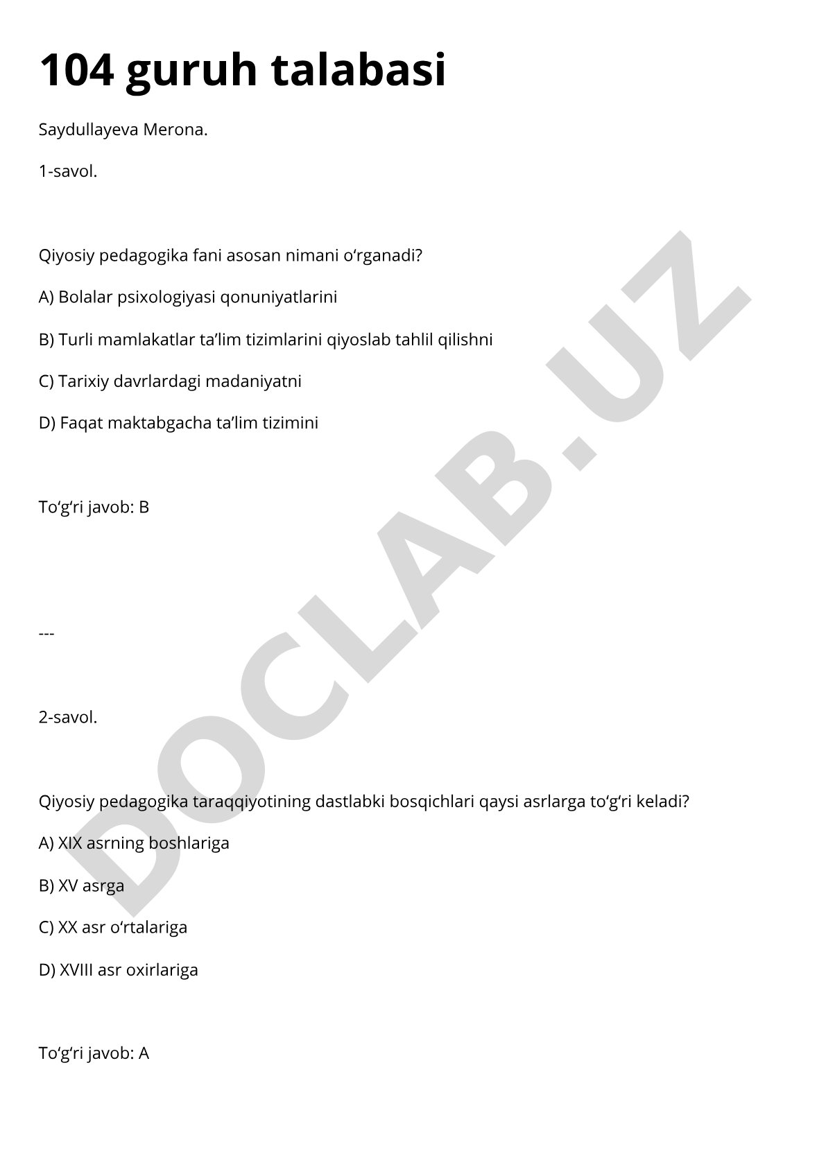 Qiyosiy pedagogika fanidan test savollari