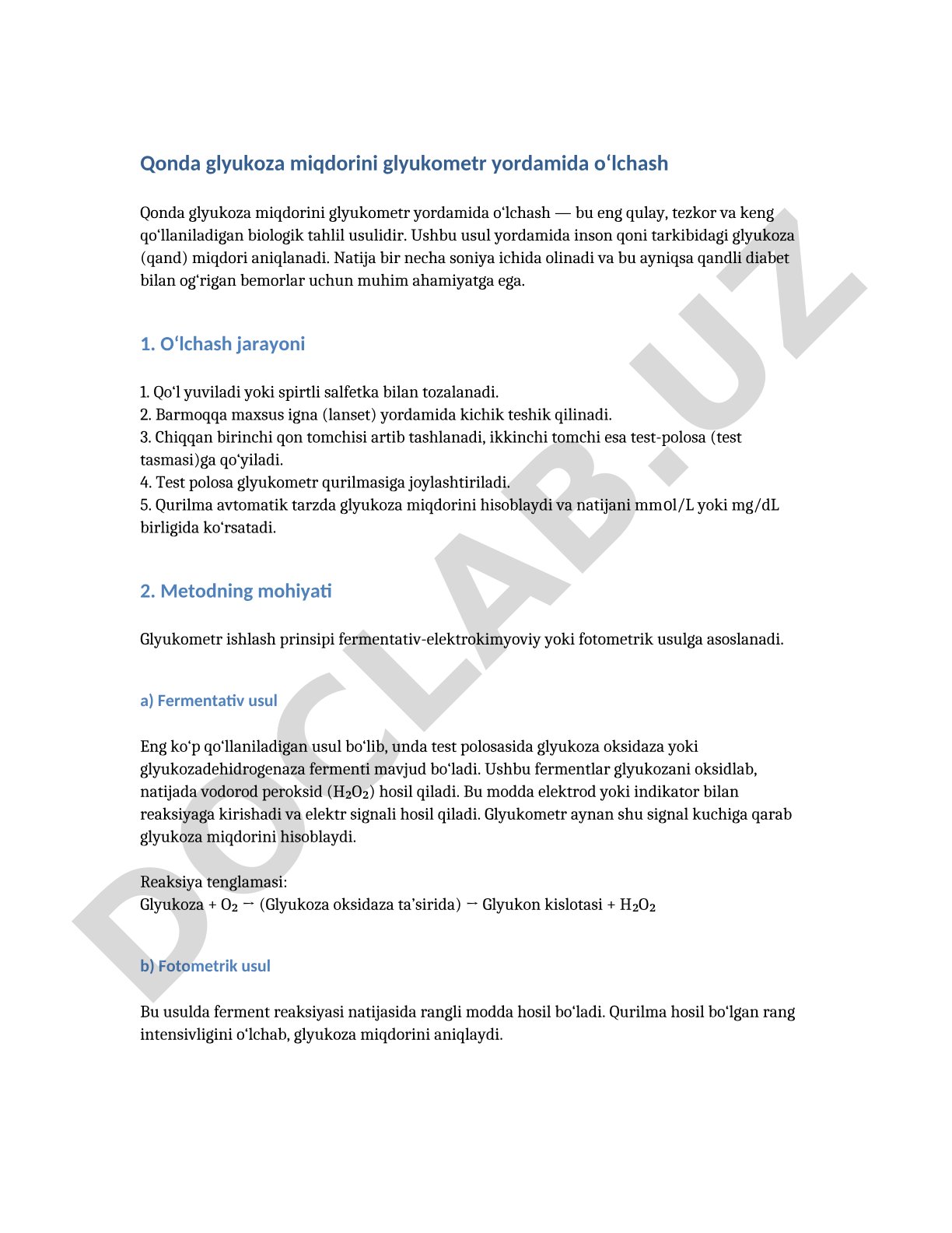 Qonda glyukoza miqdorini glyukometr yordamida o‘lchash