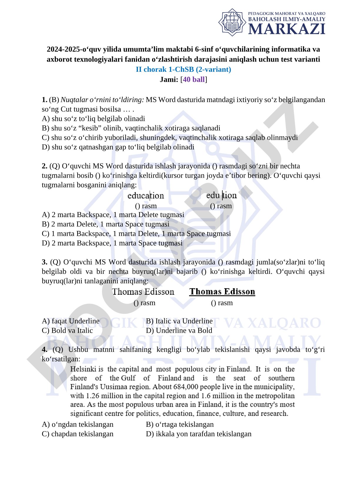 6-sinf informatika va axborot texnologiyalari fanidan II chorak 1-ChSB 2-variant
