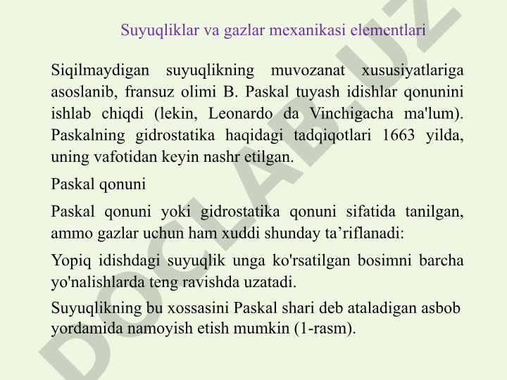 Suyuqliklar va gazlar mexanikasi elementlari