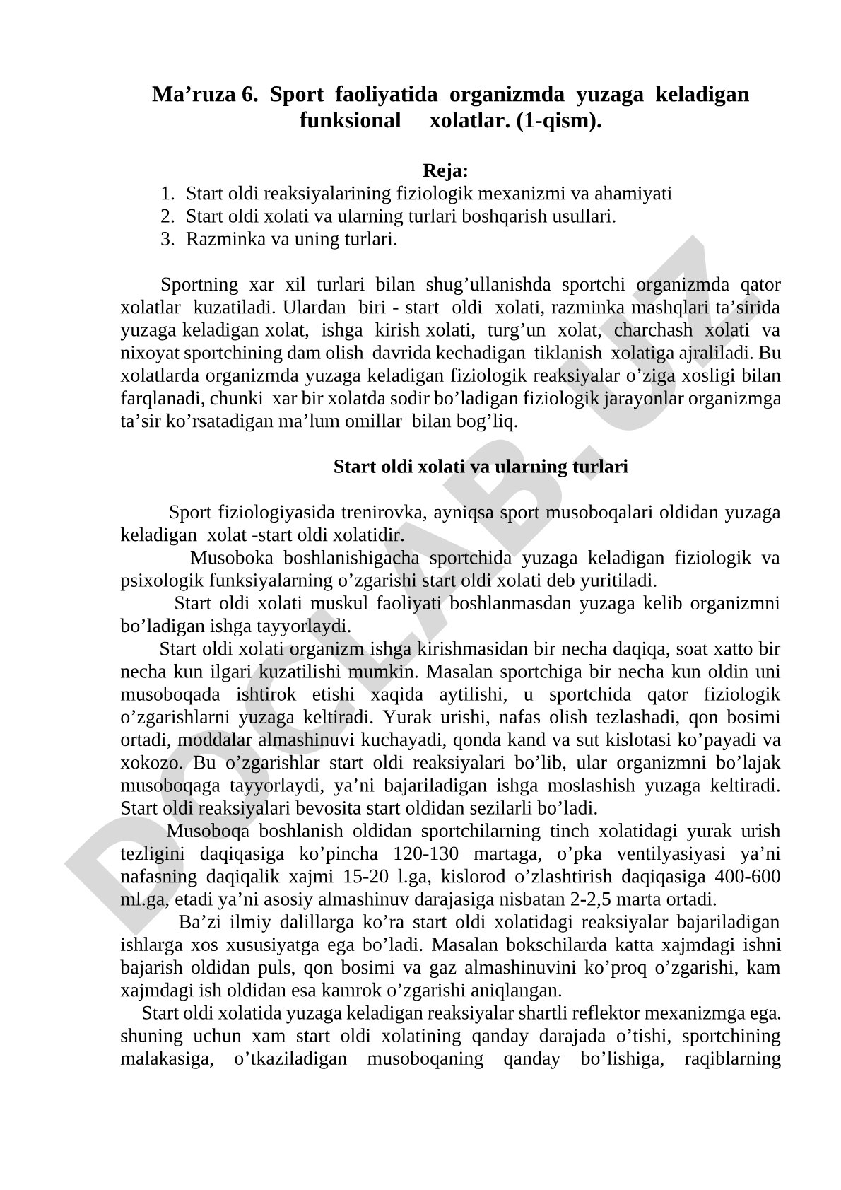 Sport faoliyatida organizmda yuzaga keladigan funksional xolatlar (1-qism)