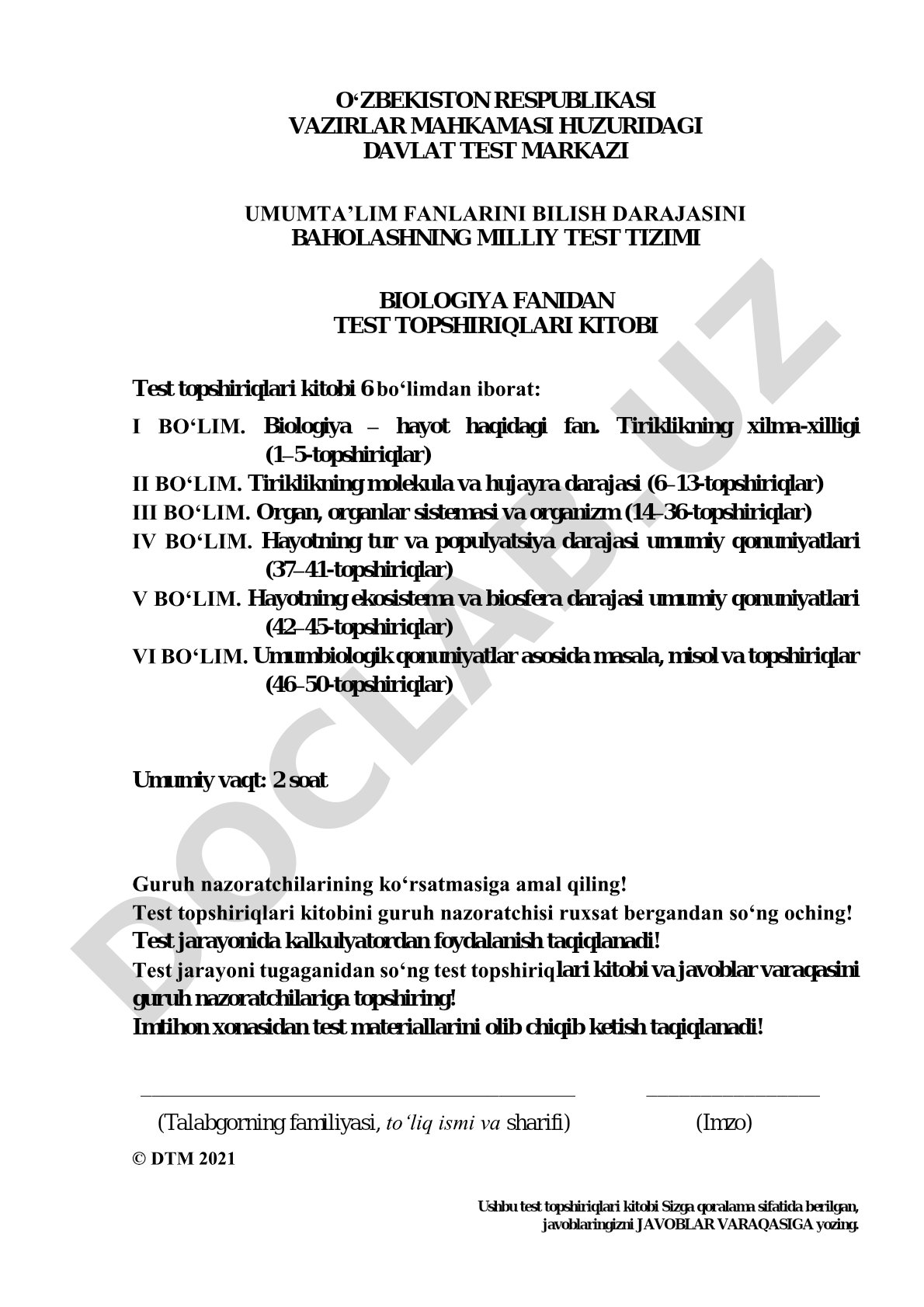 Biologiya fanidan test topshiriqlari kitobi