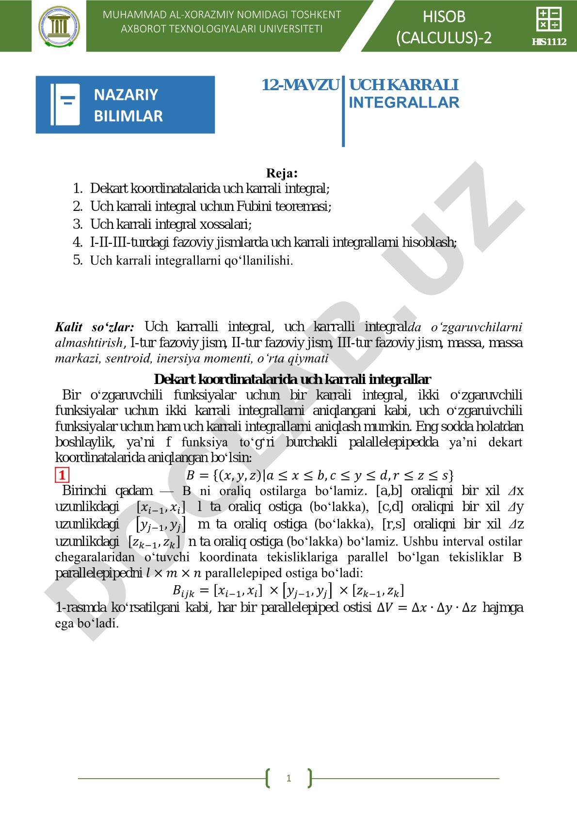 12-MAVZU UCH KARRALI INTEGRALLAR