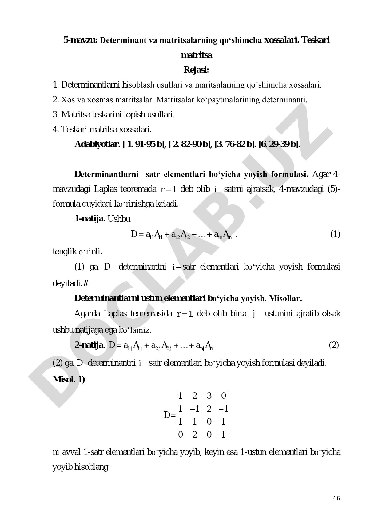 Determinant va matritsalarning qo‘shimcha xossalari. Teskari matritsa