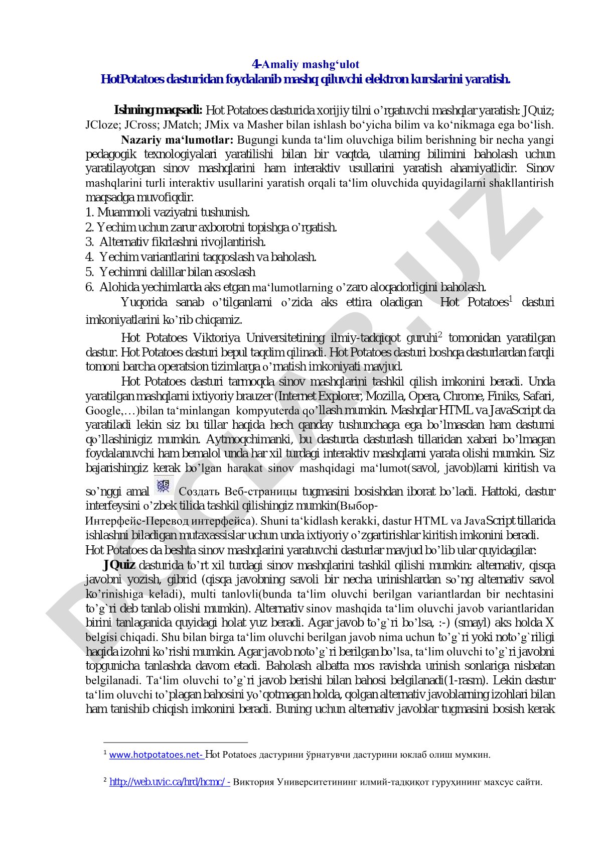 4-Amaliy mashg‘ulot HotPotatoes dasturidan foydalanib mashq qiluvchi elektron kurslarini yaratish
