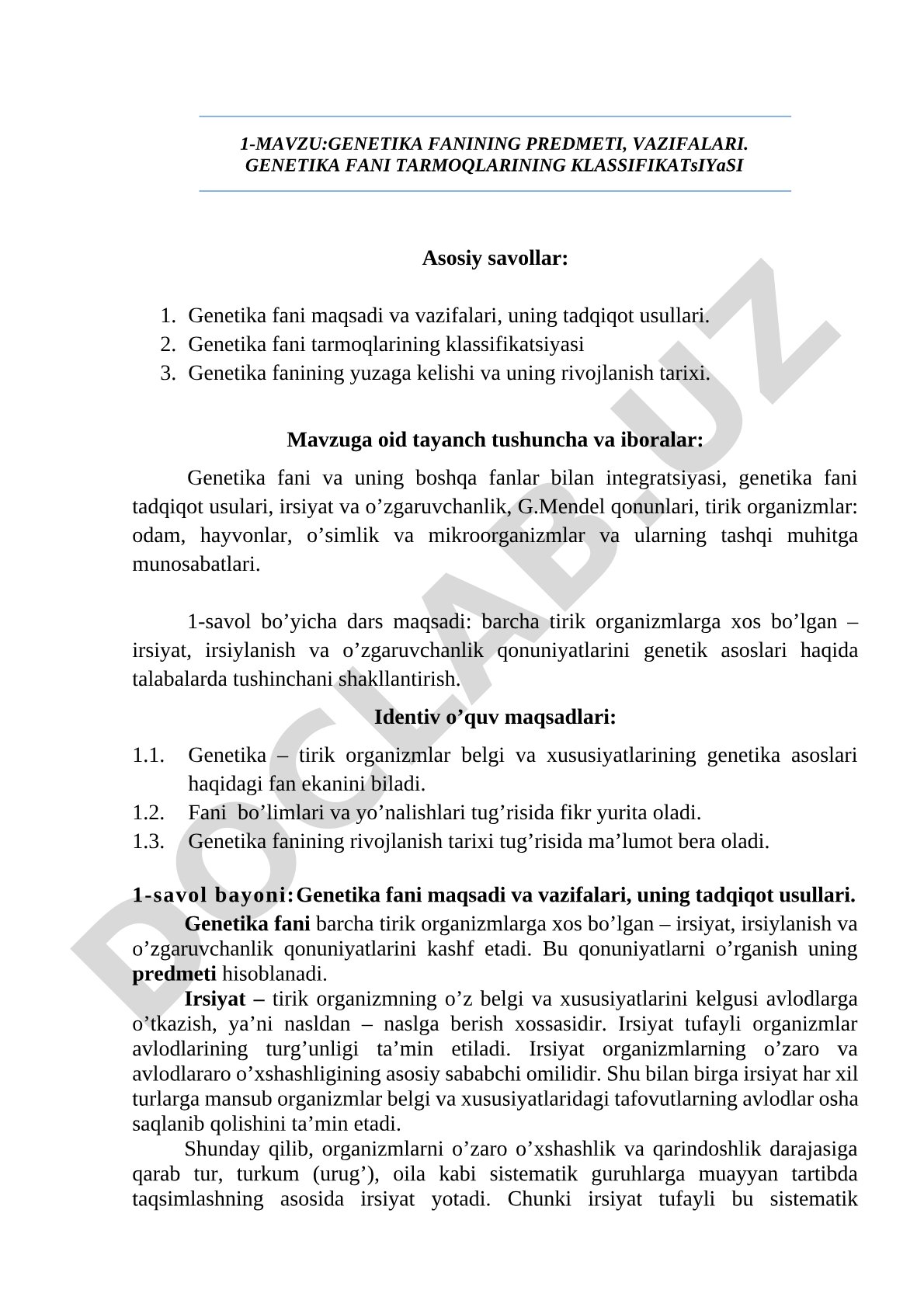 Genetika fanining predmeti, vazifalari. Genetika fani tarmoqlarining klassifikatsiyasi