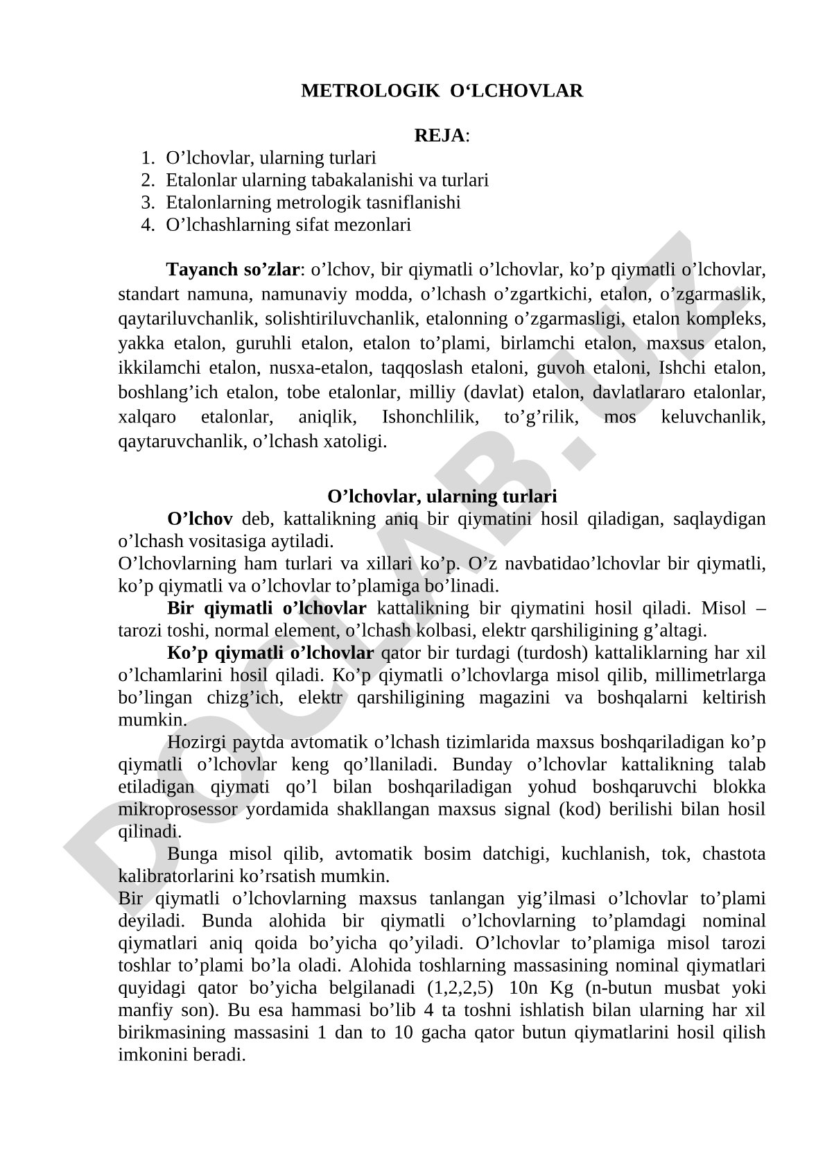 O‘lchov turlari, etalonlar va o‘lchash sifat mezonlari yoritilgan