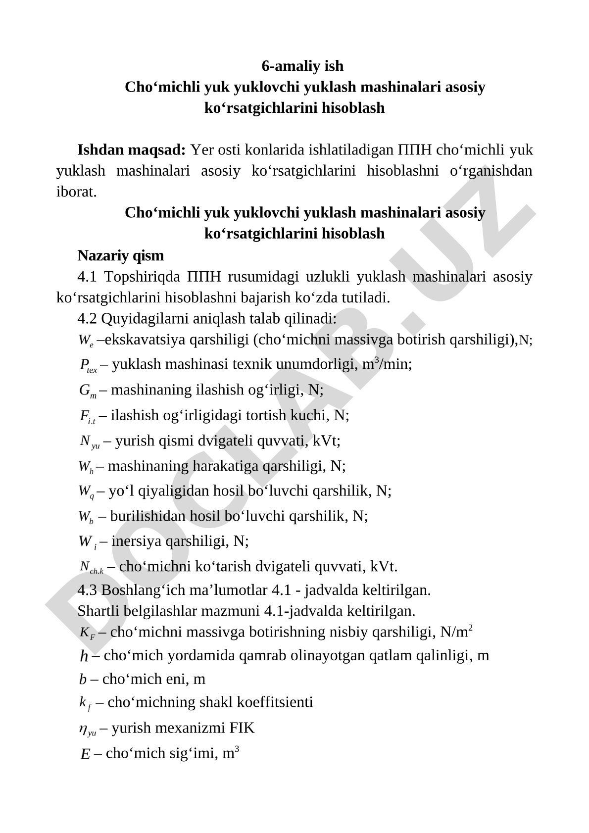 Cho‘michli yuk yuklovchi yuklash mashinalari asosiy ko‘rsatgichlarini hisoblash