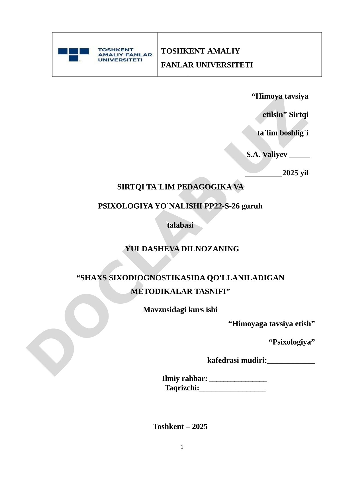 Shaxs sixodiagnostikasida qo'llaniladigan metodikalar tasnifi