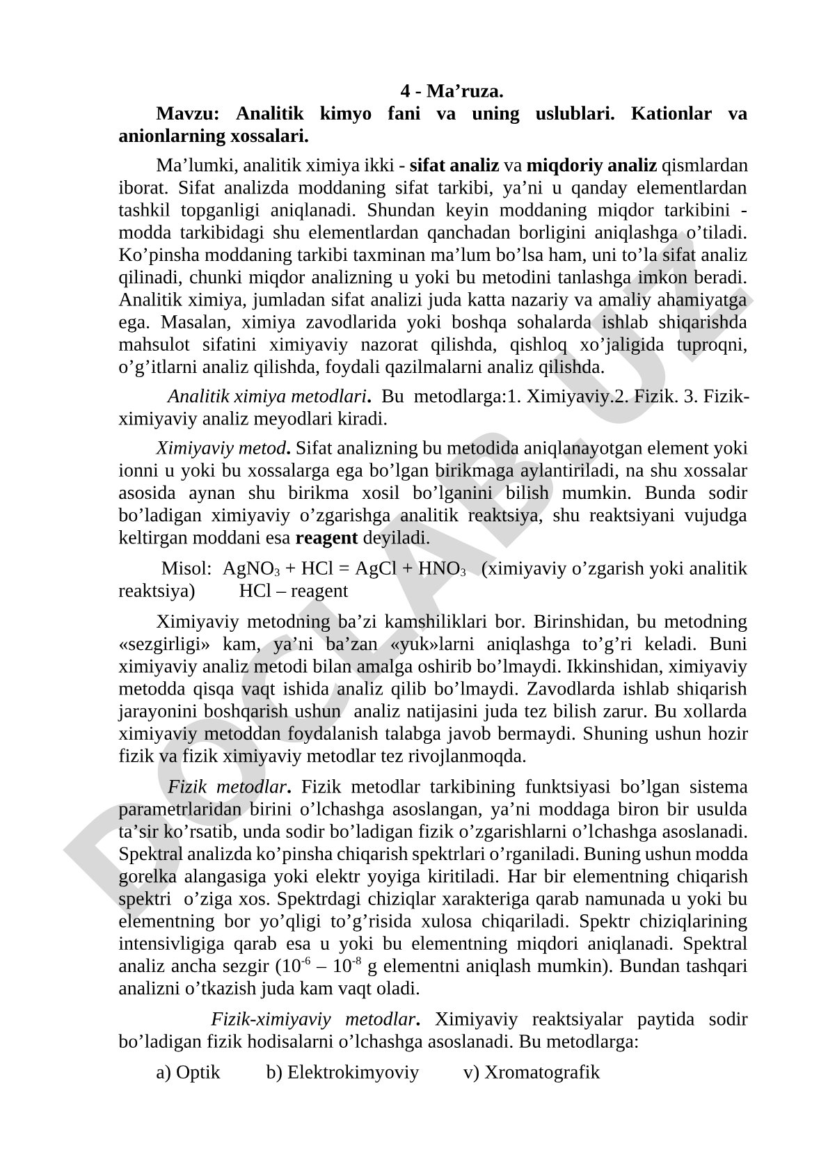 Analitik kimyo fani va uning uslublari. Kationlar va anionlarning xossalari.