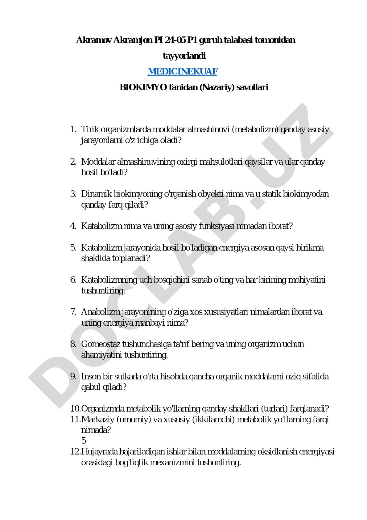 Biokimyo metabolizm va moddalar almashinuvi nazariy savollari