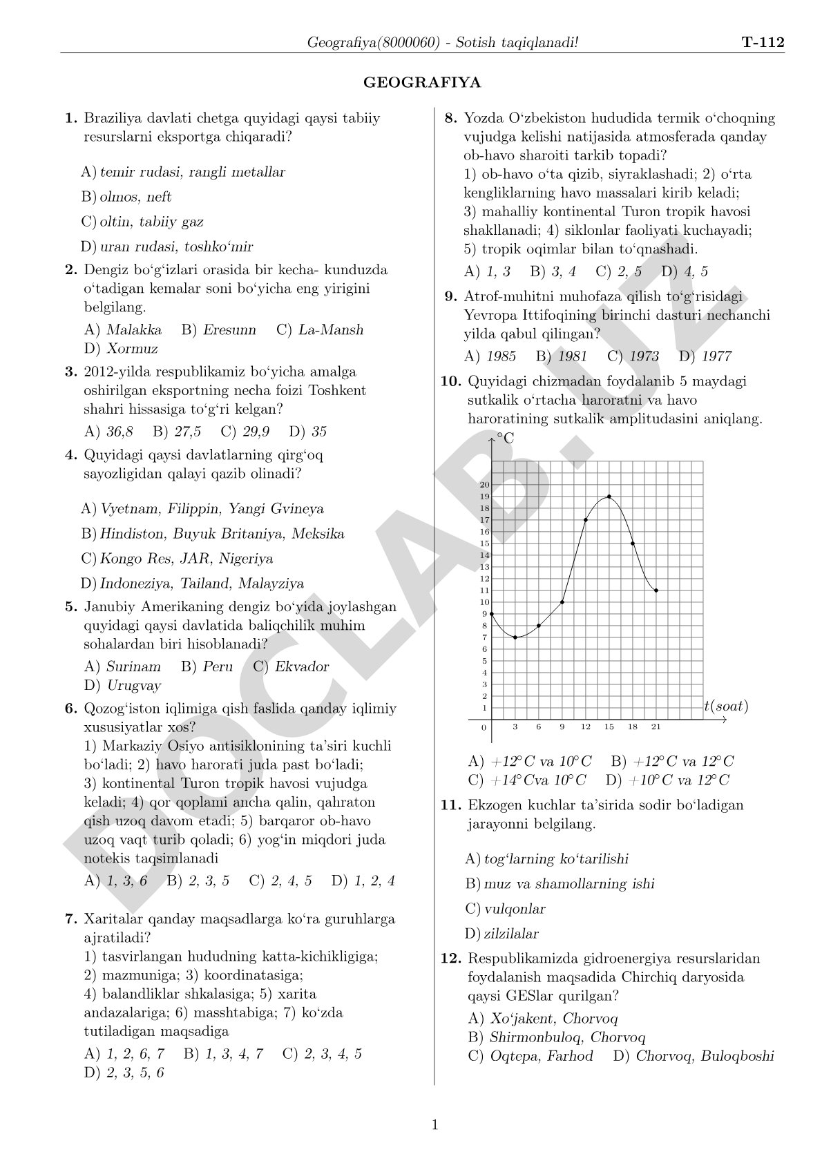 Geografiya fanidan test savollari