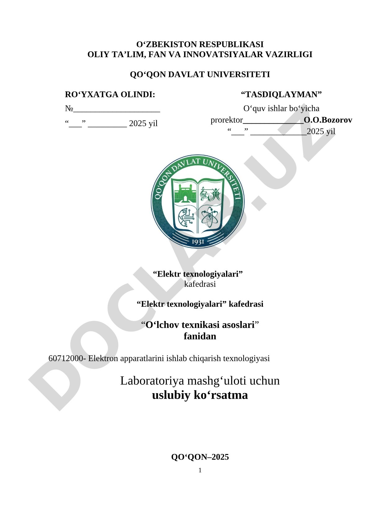 O‘lchov texnikasi asoslari fanidan laboratoriya mashg‘uloti uchun uslubiy ko‘rsatma