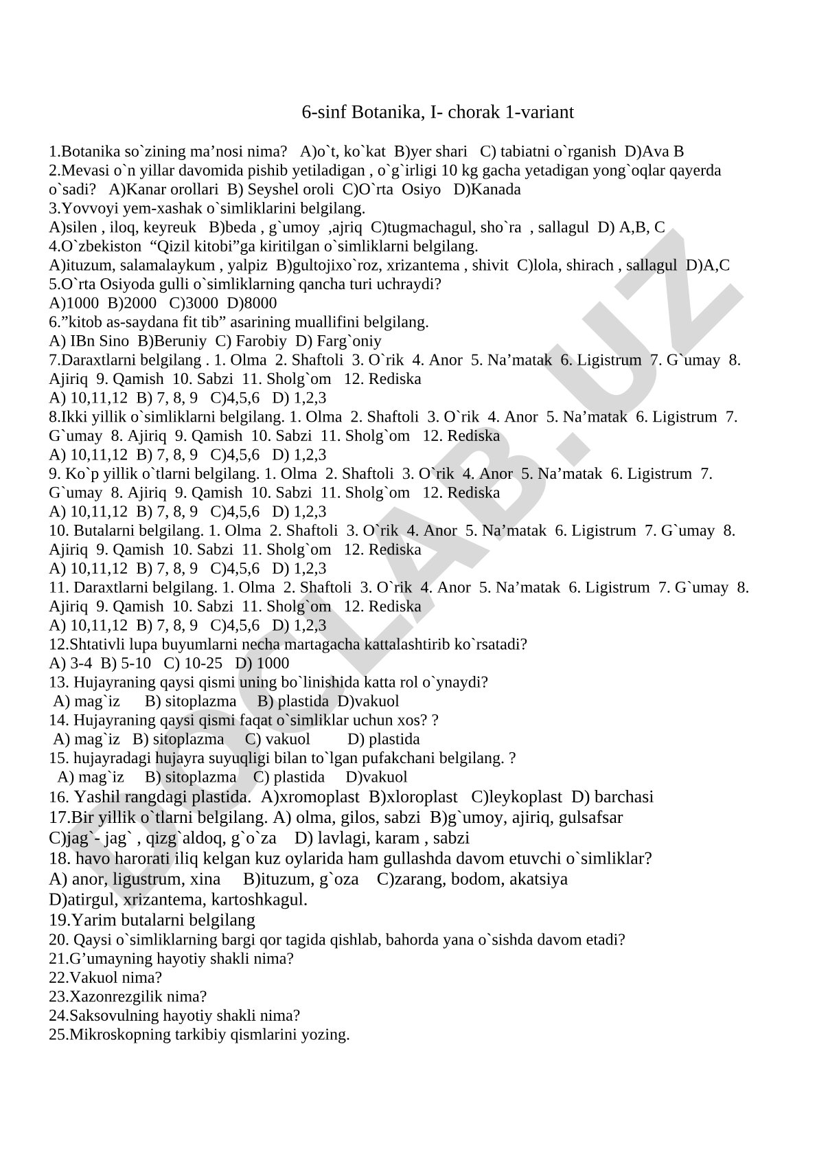 6-sinf Botanika, I- chorak 1-variant