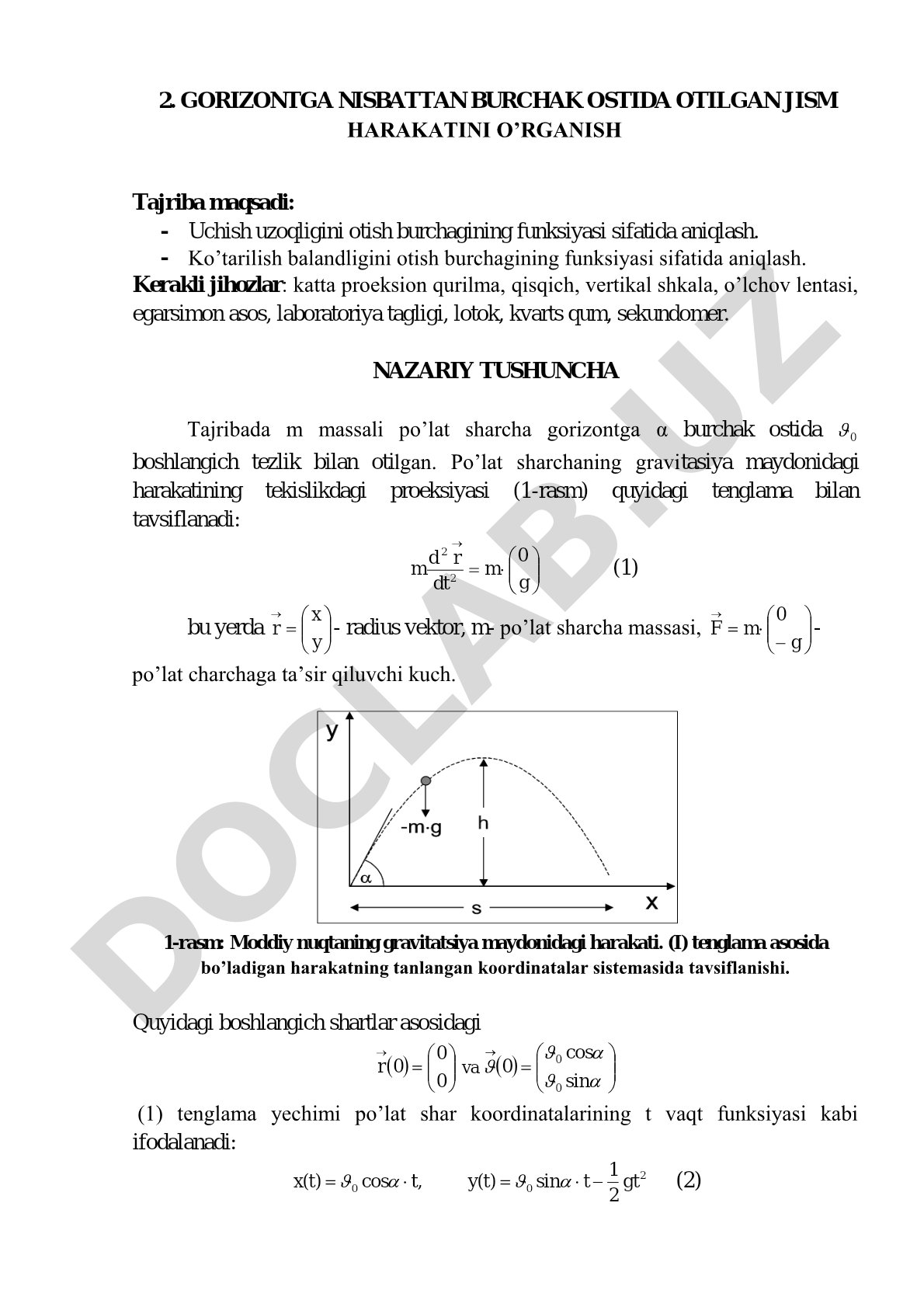 Gorizontga nisbatan burchak ostida otilgan jism harakatini o‘rganish