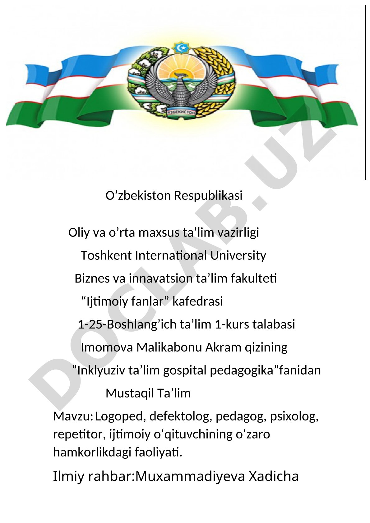 Logoped, defektolog, pedagog, psixolog, repetitor, ijtimoiy o‘qituvchining o‘zaro hamkorlikdagi faoliyati