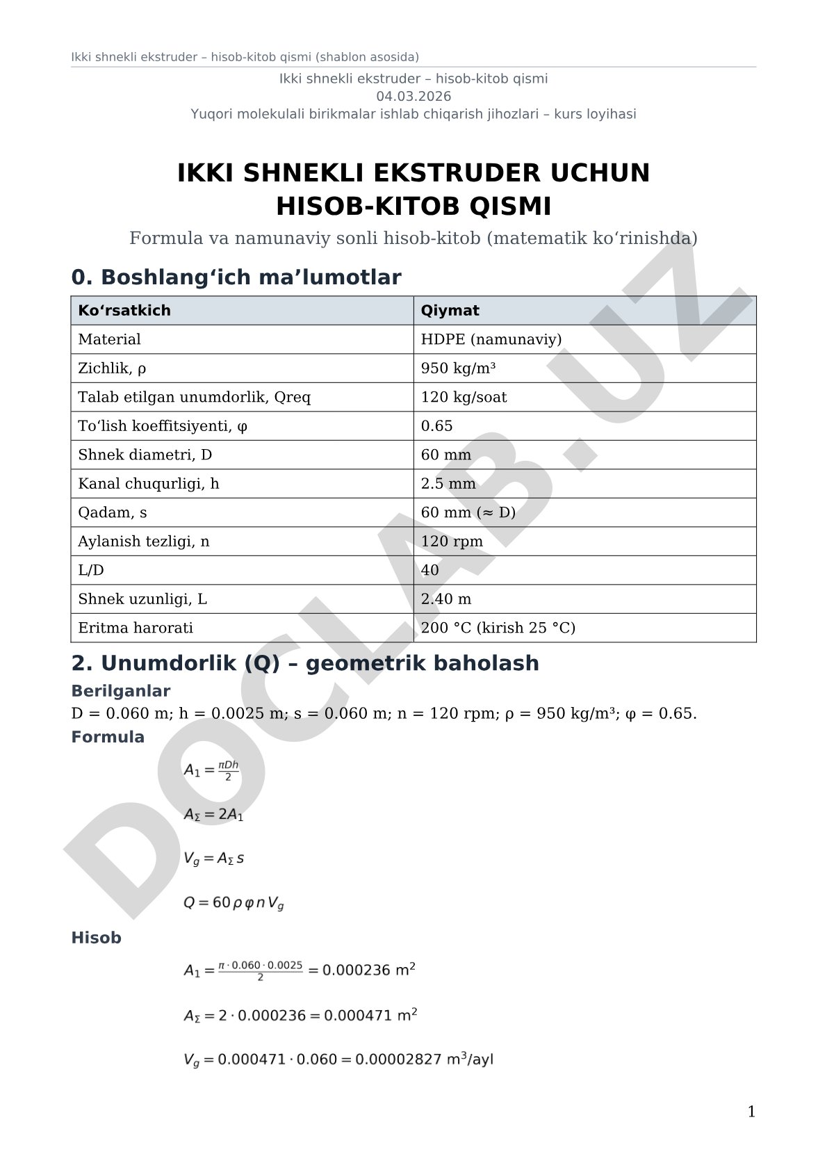 Ikki shnekli ekstruder uchun hisob-kitob qismi