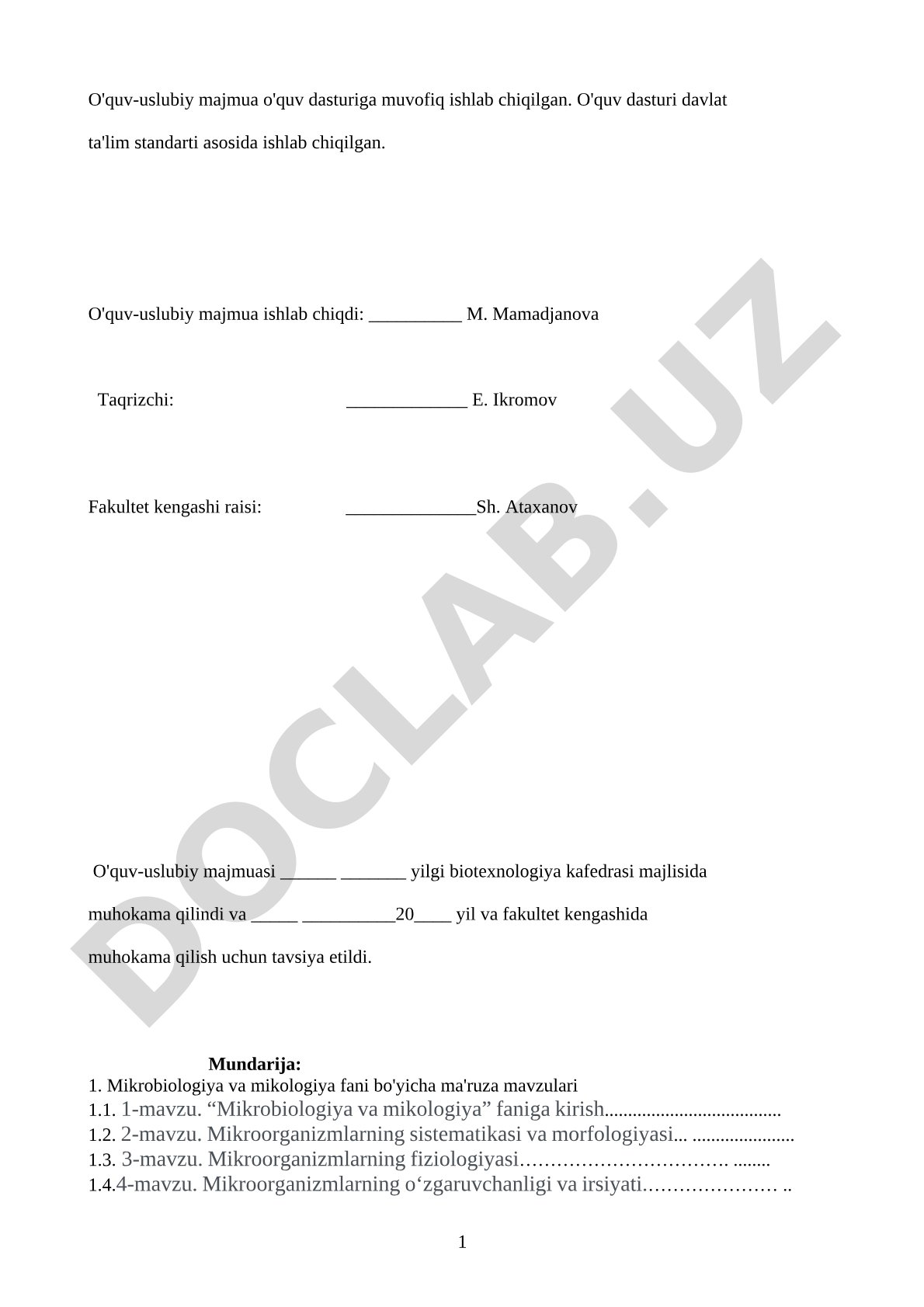Mikrobiologiya va mikologiya fanidan ma'ruza mavzulari