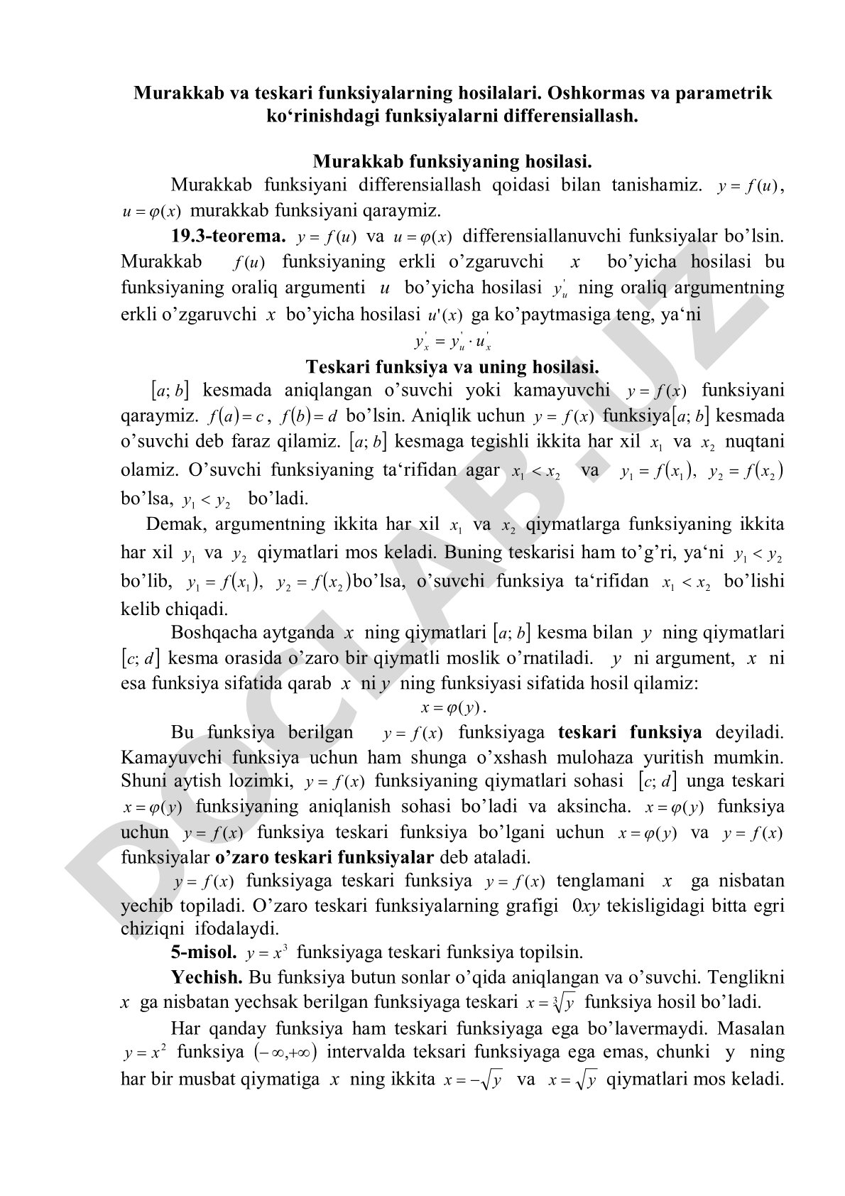 Murakkab va teskari funksiyalarning hosilalari