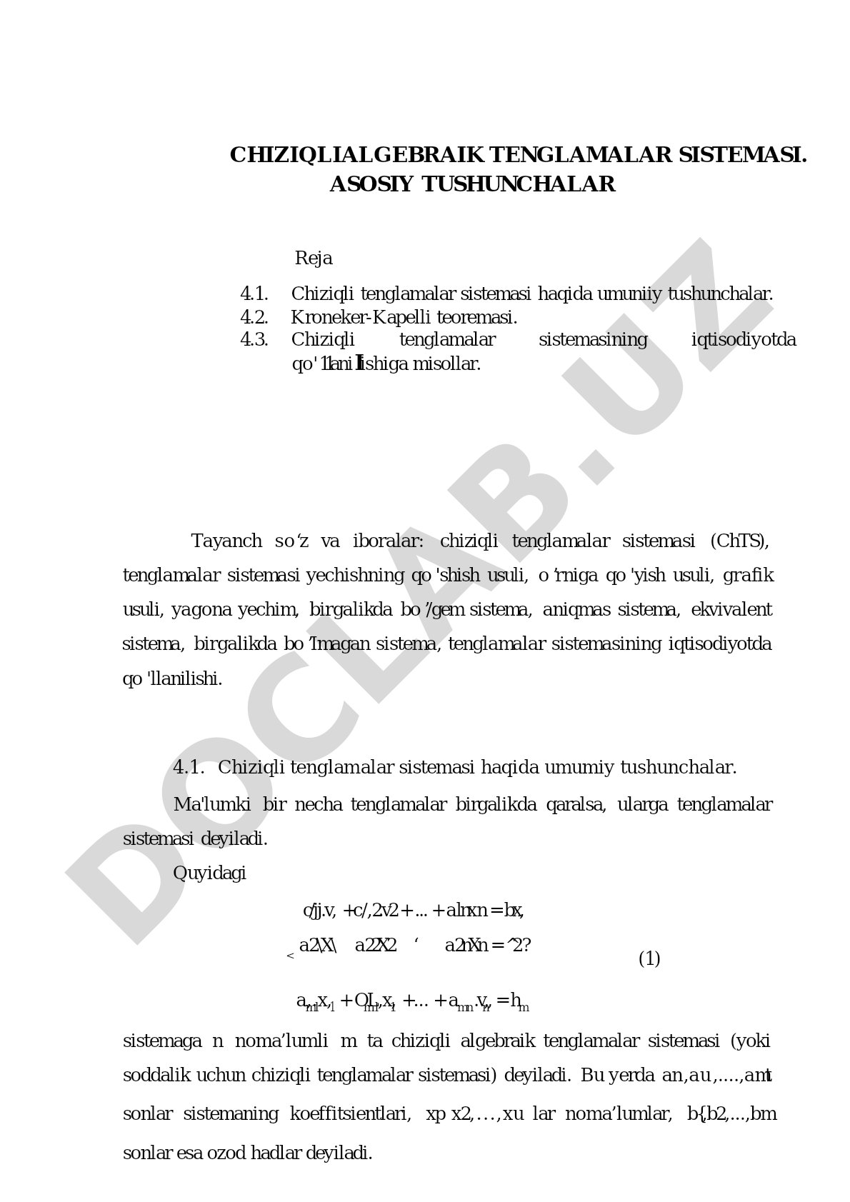 Chiziqli algebraik tenglamalar sistemasi. Asosiy tushunchalar