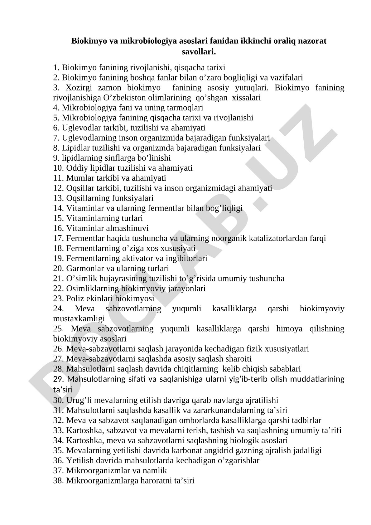 Biokimyo va mikrobiologiya asoslari fanidan ikkinchi oraliq nazorat savollari