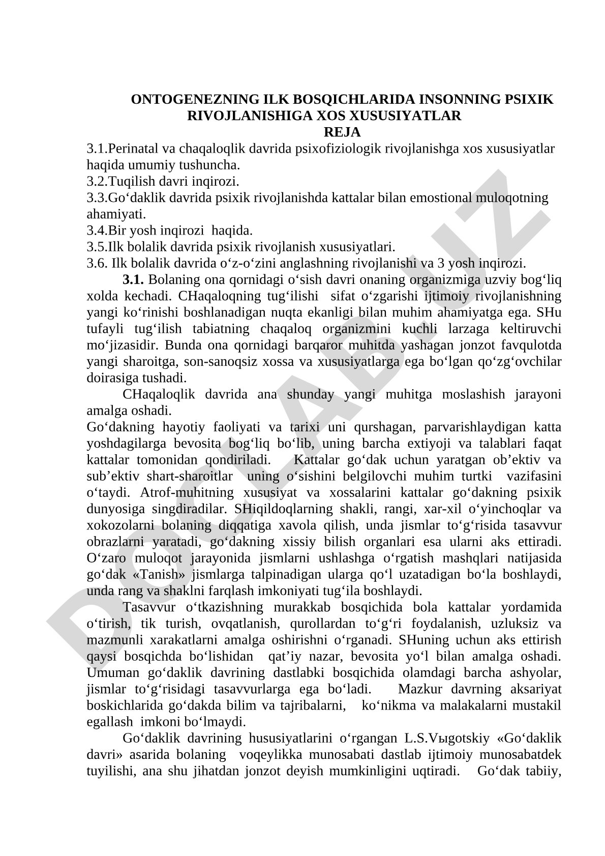 Ontogenezning ilk bosqichlarida insonning psixik rivojlanishiga xos xususiyatlar