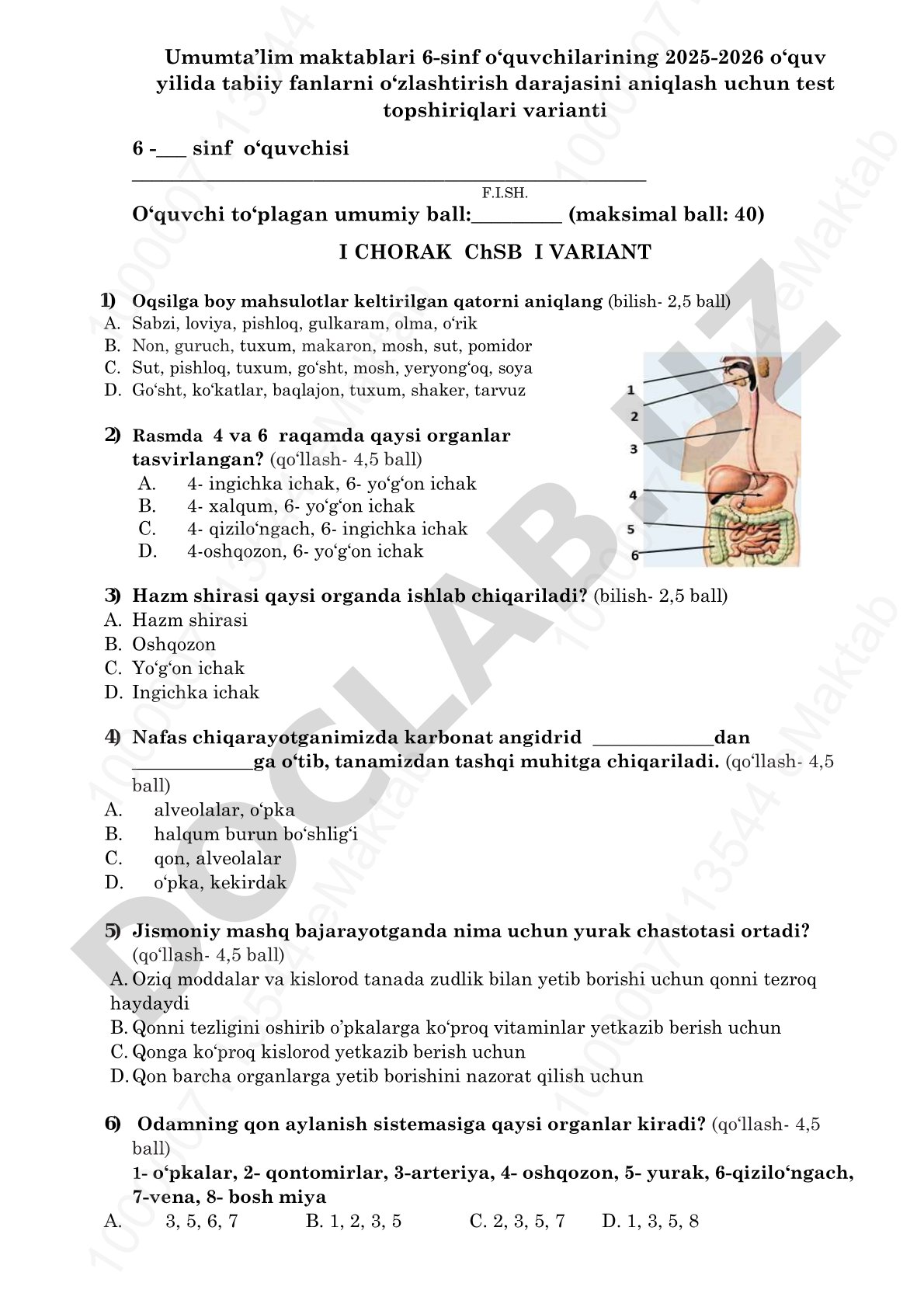 6-sinf o‘quvchilarining tabiiy fanlarni o‘zlashtirish darajasini aniqlash uchun test topshiriqlari