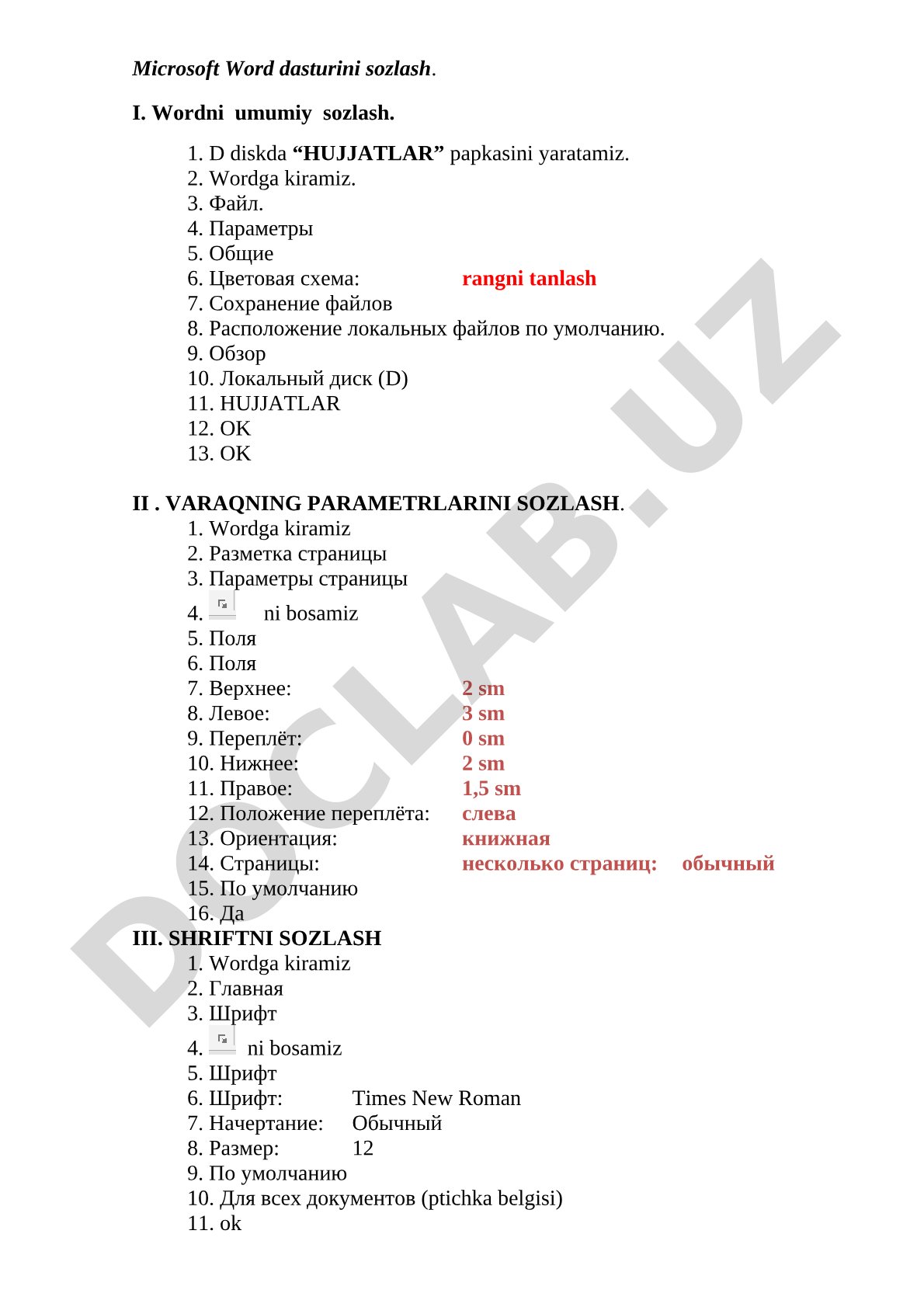 Microsoft Word dasturini sozlash