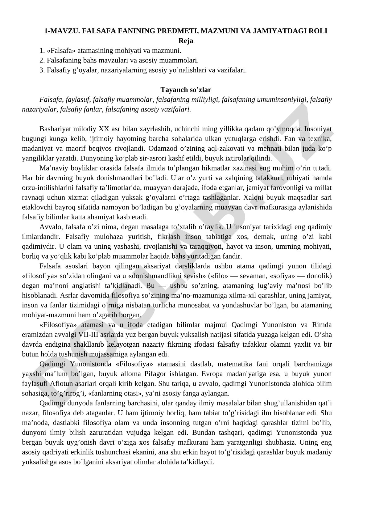 Falsafa fanining predmeti, mazmuni va jamiyatdagi roli
