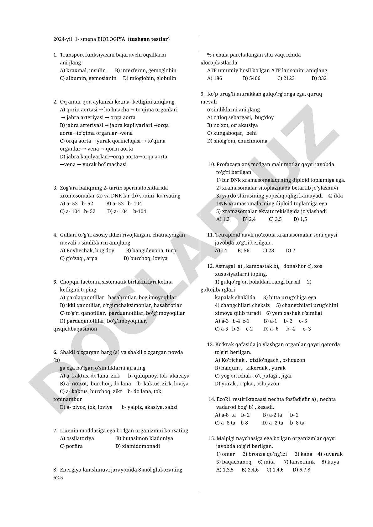 2024-yil 1-smena BIOLOGIYA (tushgan testlar)