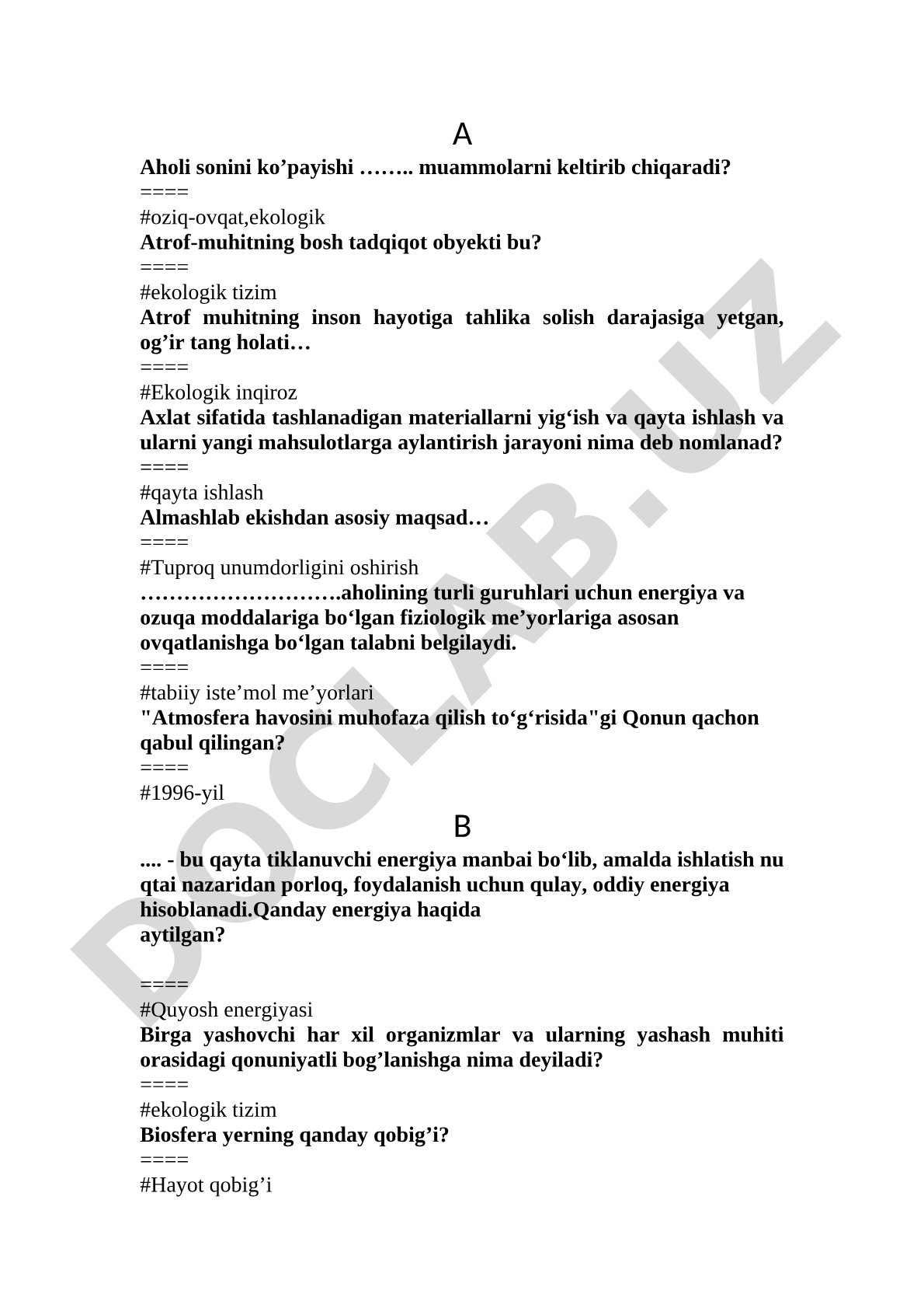 Ekologiya fanidan test savollari