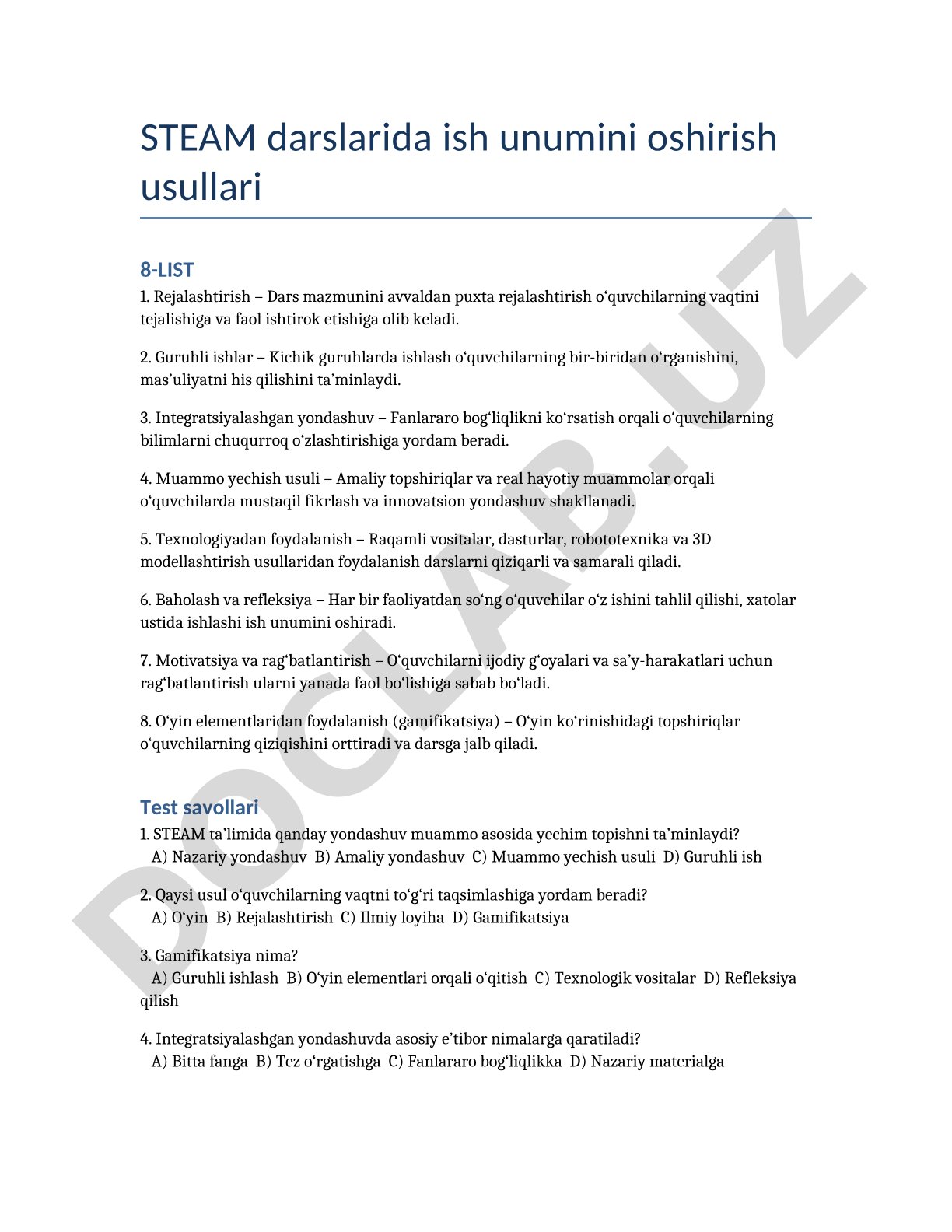 STEAM darslarida ish unumini oshirish usullari