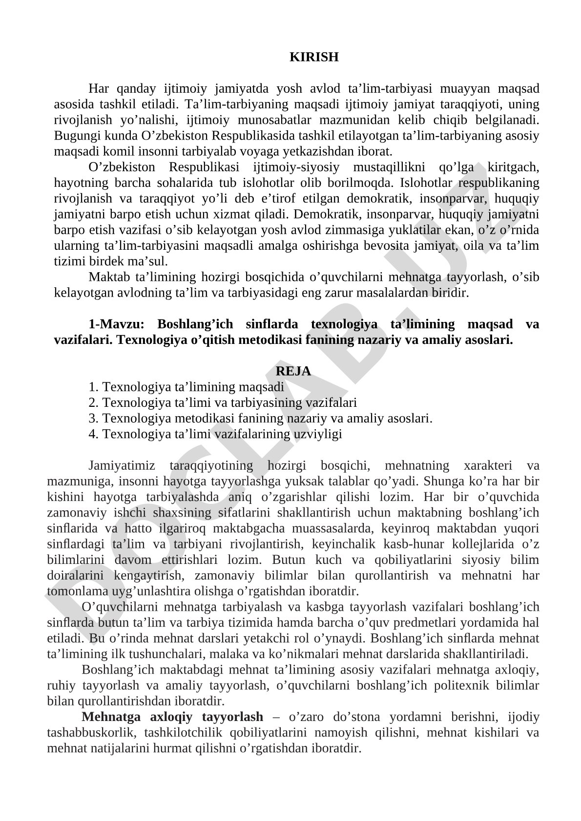 Boshlang'ich sinflarda texnologiya ta'limining maqsad va vazifalari