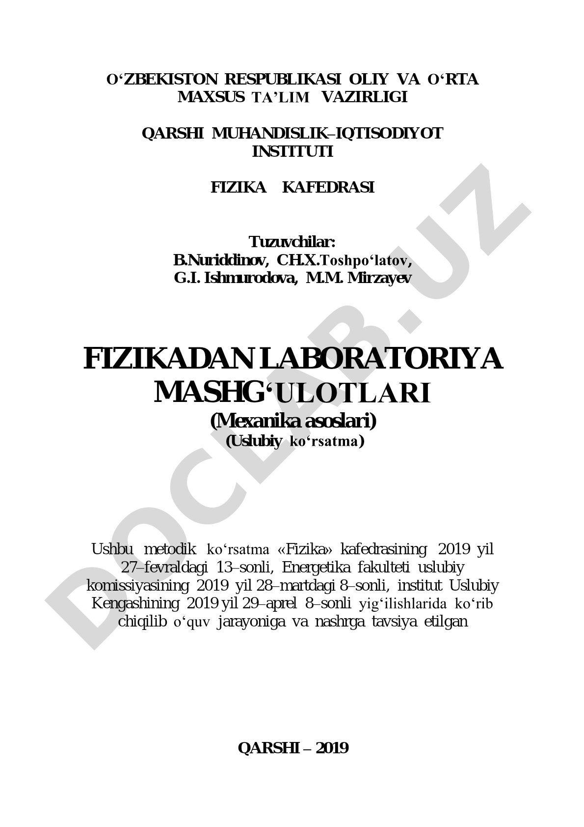 Fizikadan laboratoriya mashg'ulotlari (Mexanika asoslari)