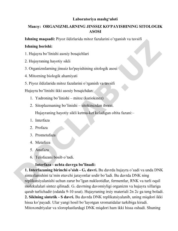 Organizmlarning jinssiz ko'payishining sitologik asosi