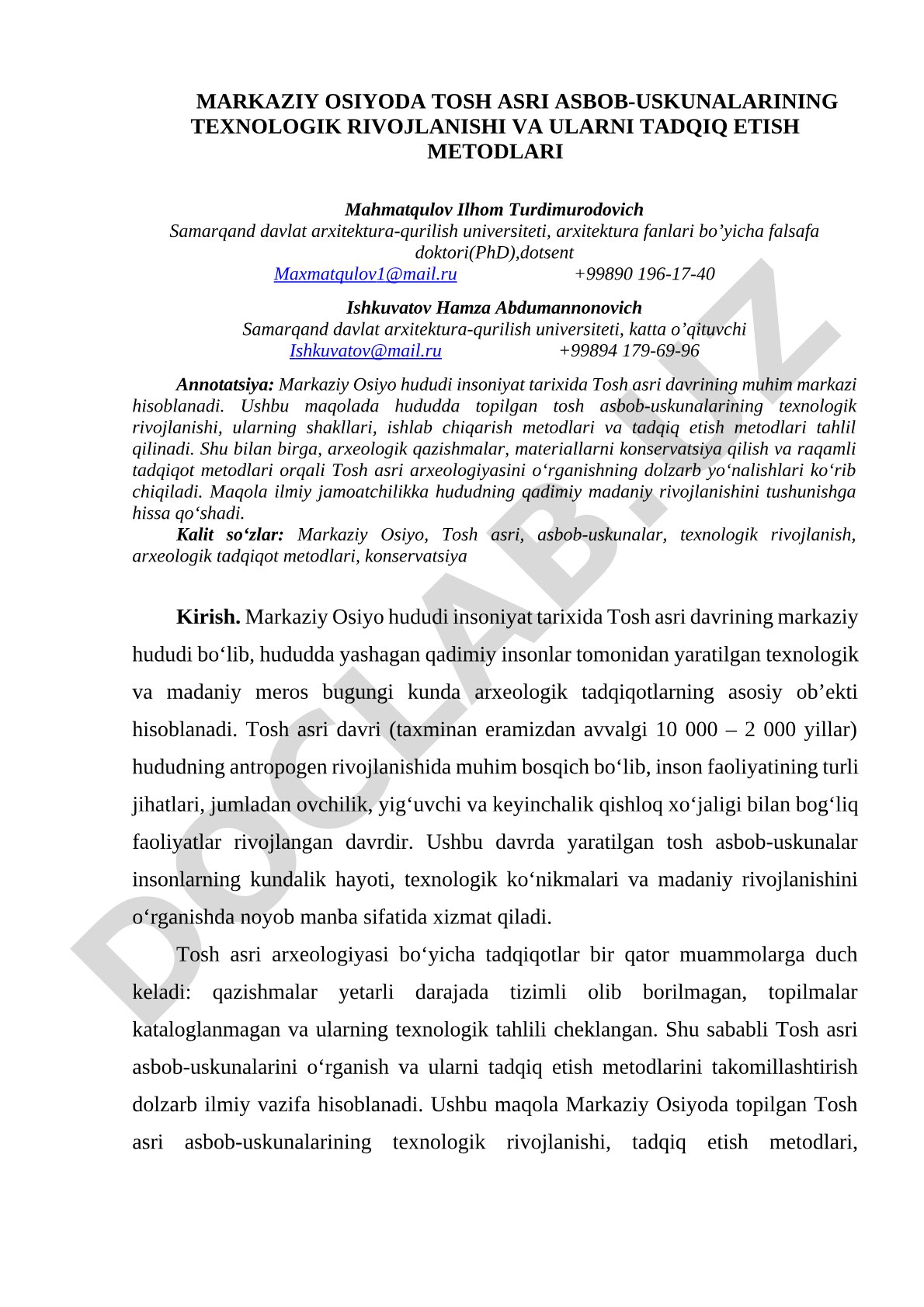 Markaziy Osiyoda Tosh asri asbob-uskunalarining texnologik rivojlanishi va ularni tadqiq etish metodlari