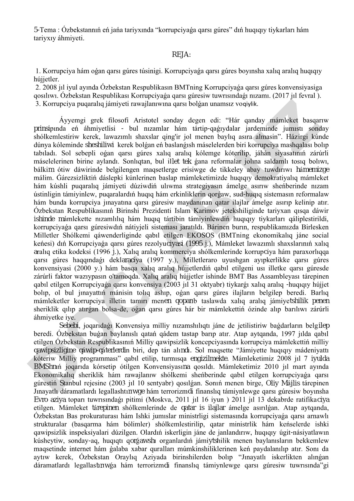 Ózbekstannıń eń jańa tariyxında korrupciyaǵa qarsı gúresdıń huqıqıy tiykarları hám tariyxıy áhmiyeti