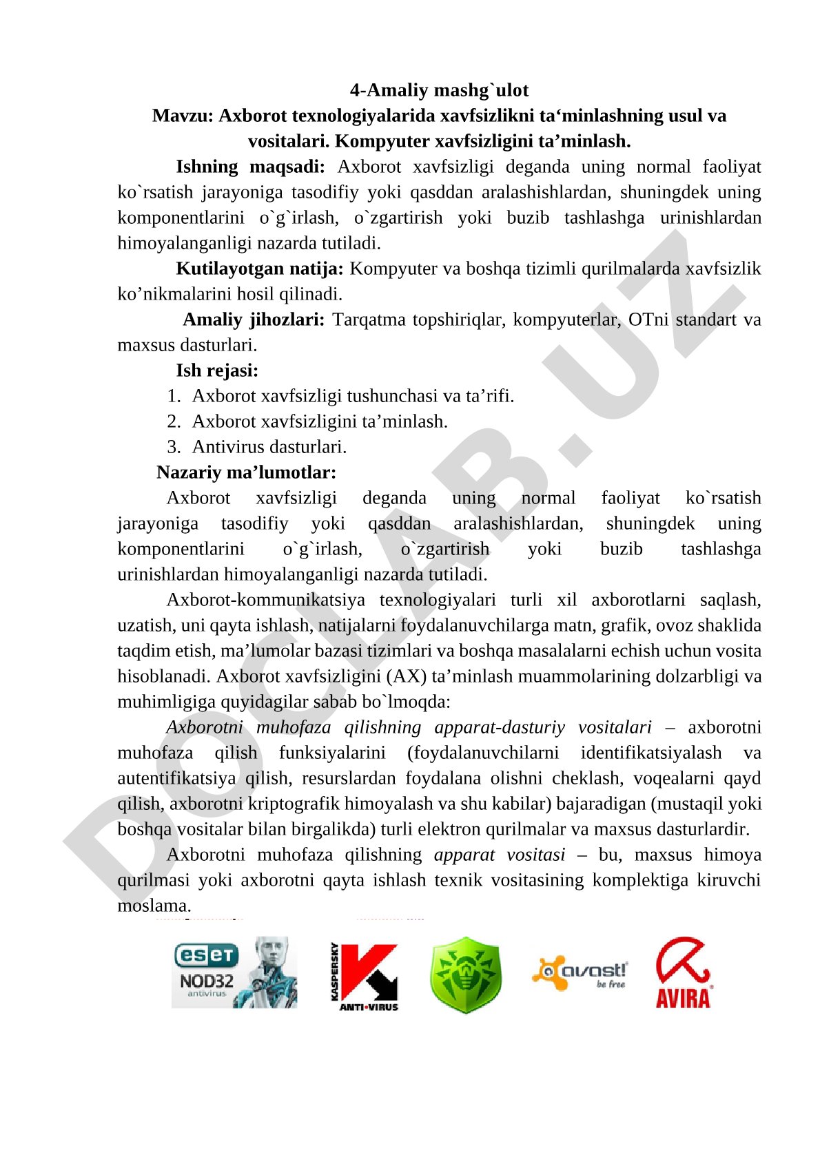 Axborot texnologiyalarida xavfsizlikni ta'minlashning usul va vositalari
