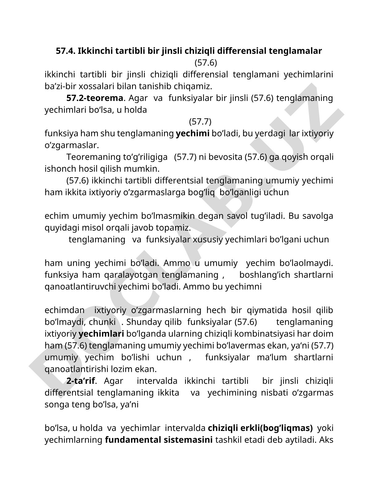 Ikkinchi tartibli bir jinsli chiziqli differensial tenglamalar