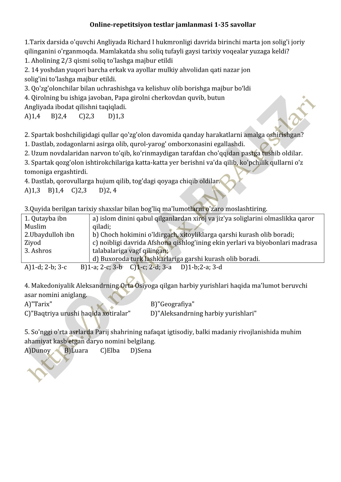 Tarix fanidan online repetitsiya testlari jamlanmasi