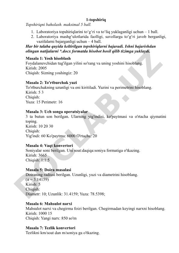 Laboratoriya topshiriqlari baholash mezonlari va masalalari