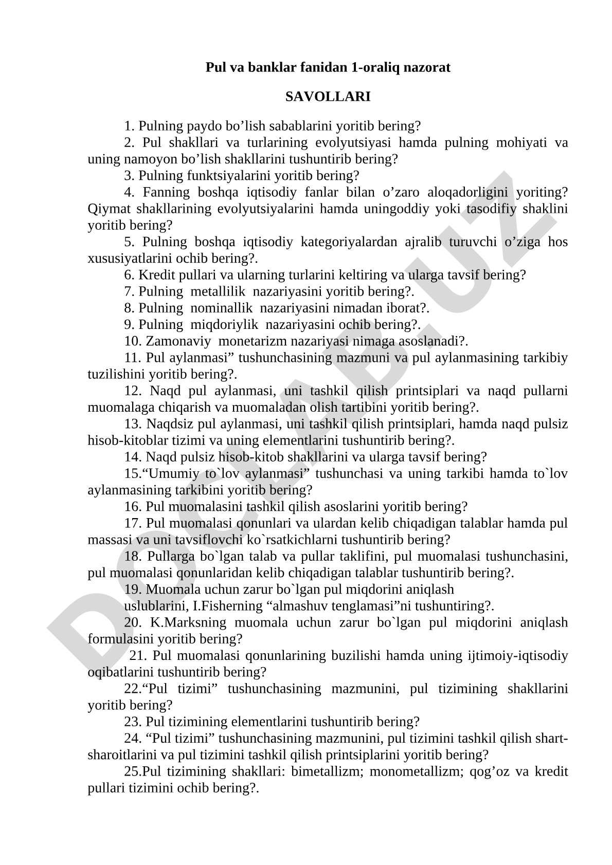 Pul va banklar fanidan 1-oraliq nazorat savollari