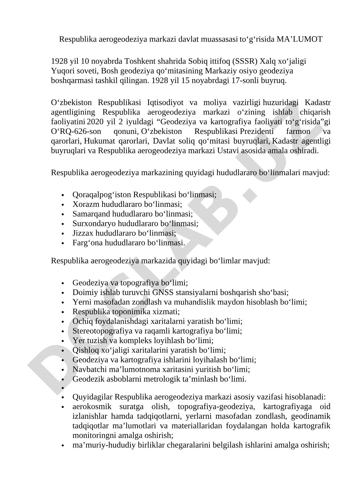Respublika aerogeodeziya markazi davlat muassasasi to‘g‘risida Ma’lumot