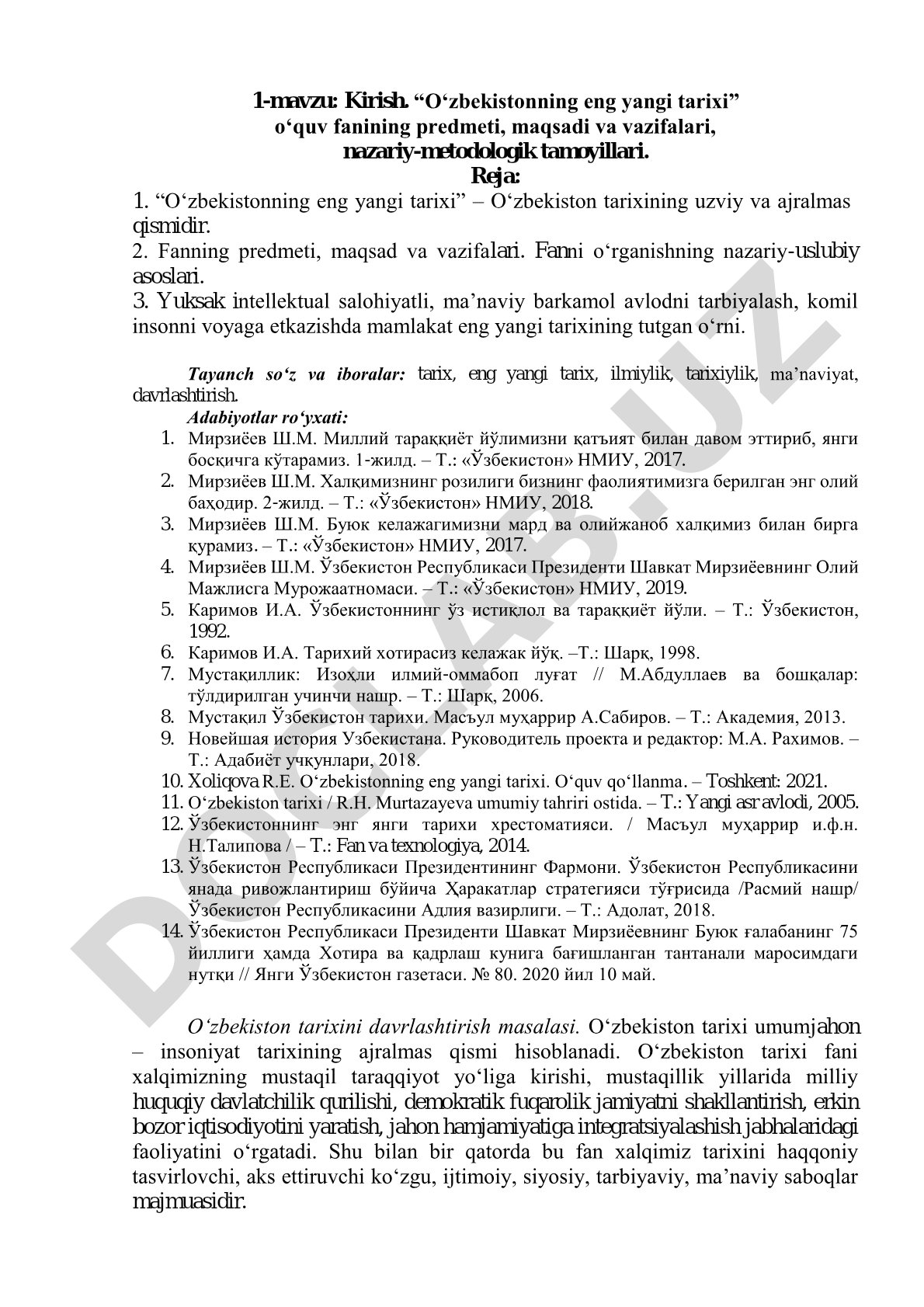 O‘zbekistonning eng yangi tarixi fanining predmeti, maqsadi va vazifalari