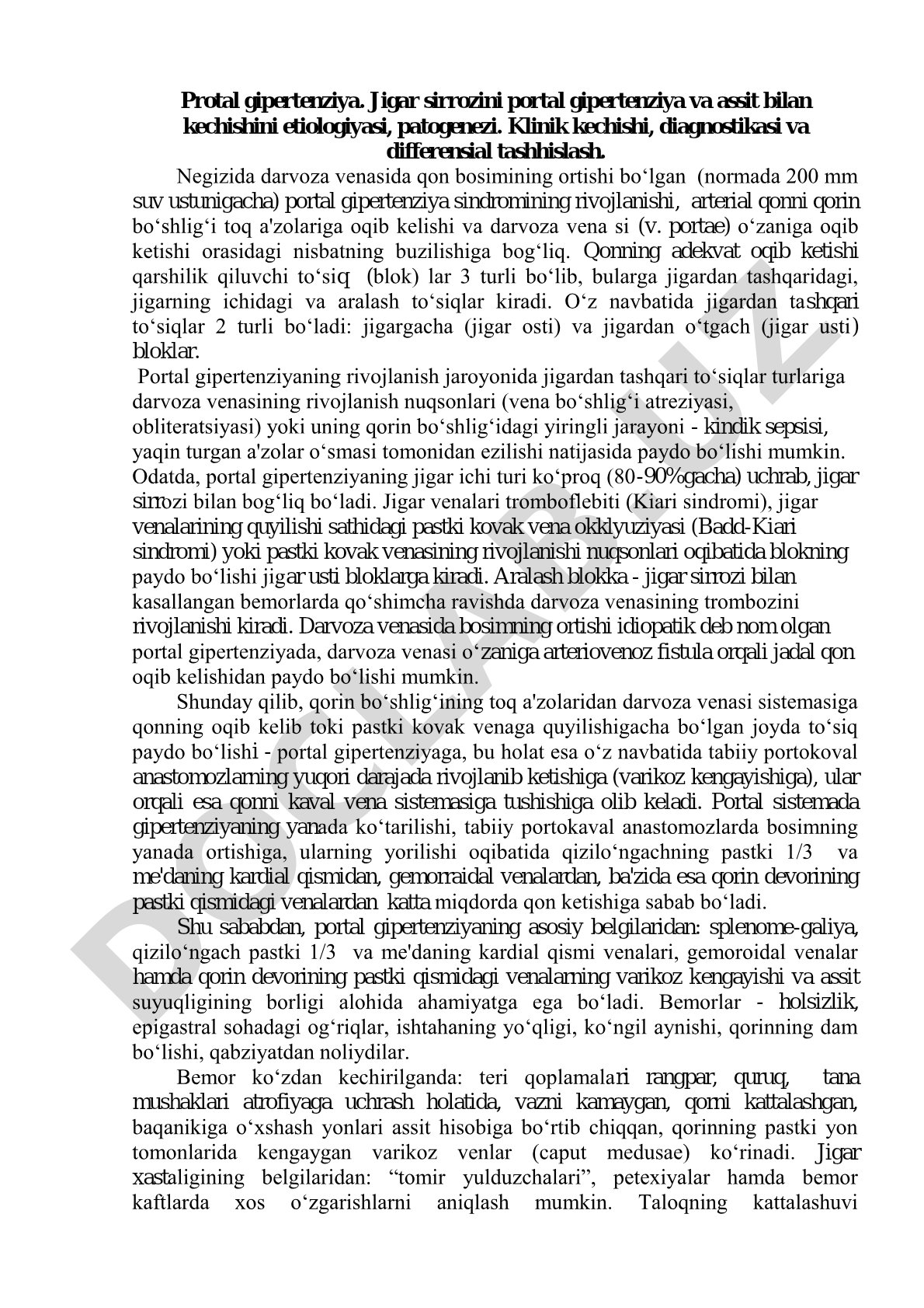Portal gipertenziya va jigar sirrozi etiologiyasi, patogenezi, klinik kechishi, diagnostikasi