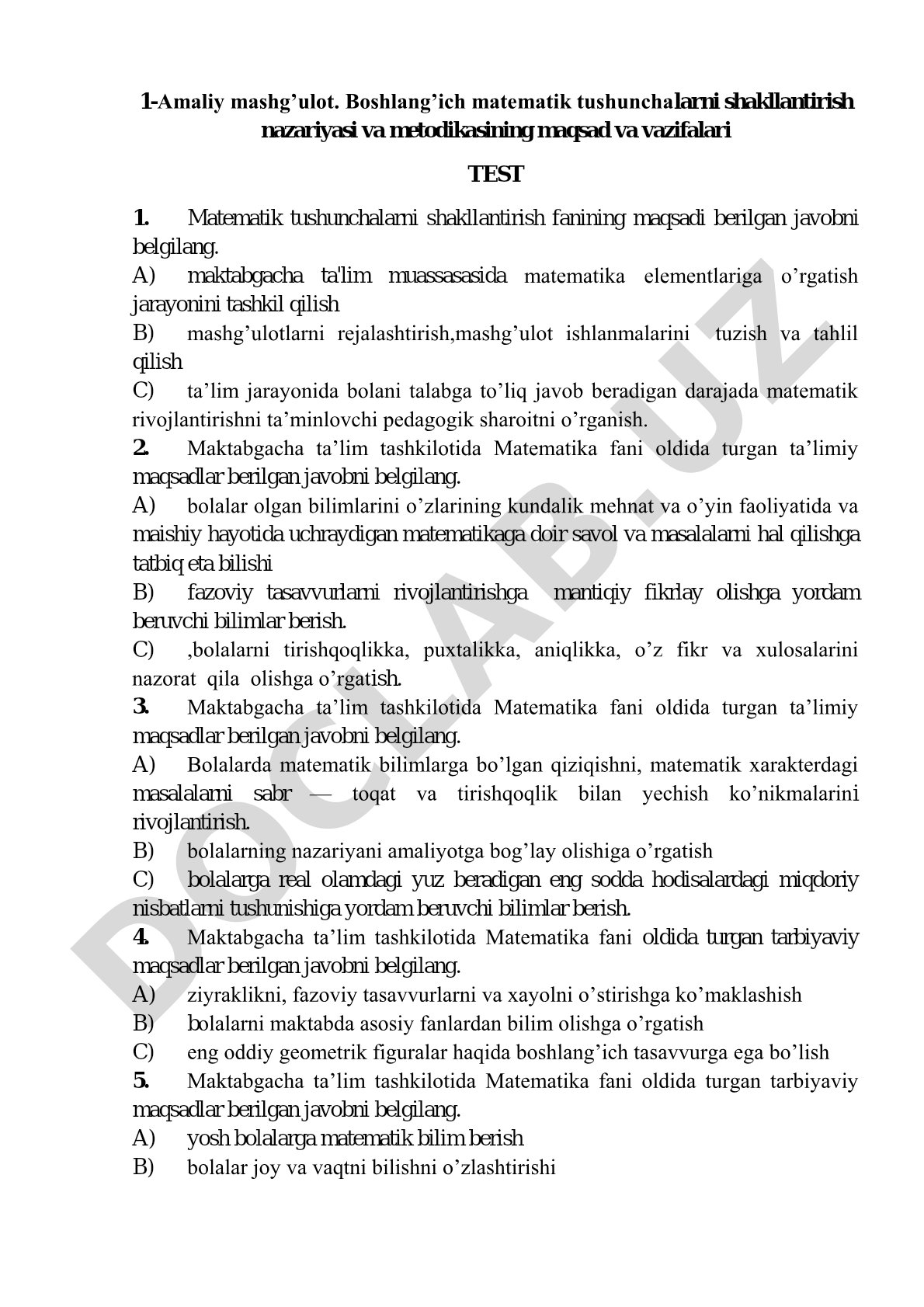 Boshlang'ich matematik tushunchalarni shakllantirish nazariyasi va metodikasining maqsad va vazifalari test