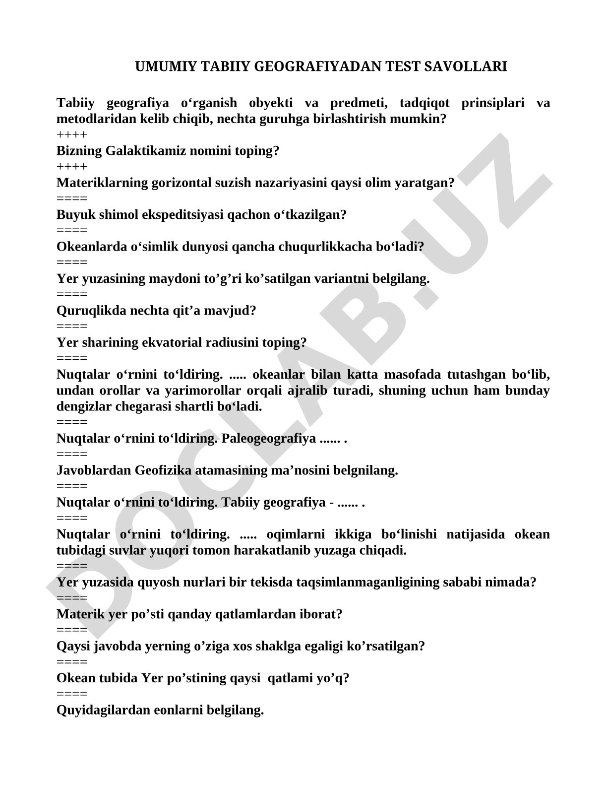 Umumiy tabiiy geografiyadan test savollari