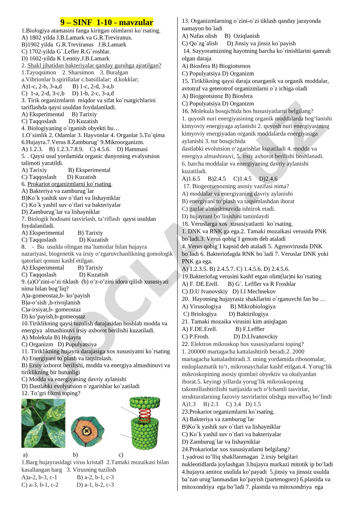 Biologiyadan 9-sinf 1-10 mavzular testi